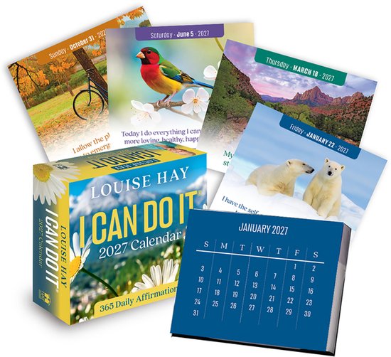 I CAN DO IT 2027 Kalender doos met diverse kalenderpagina's met afbeeldingen van dieren, landschappen en een fiets, en de maand januari 2027.
