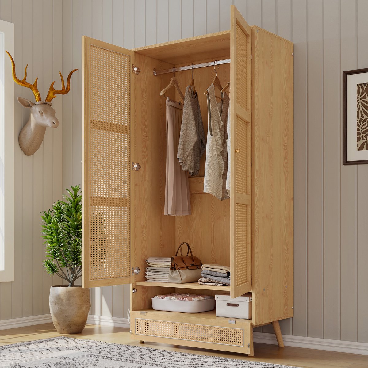 Kledingkast met Stang 90x45x183 cm – Rotan Kast met 2 Deuren en Extra Opbergruimte – Houten Slaapkamerkast in Naturel