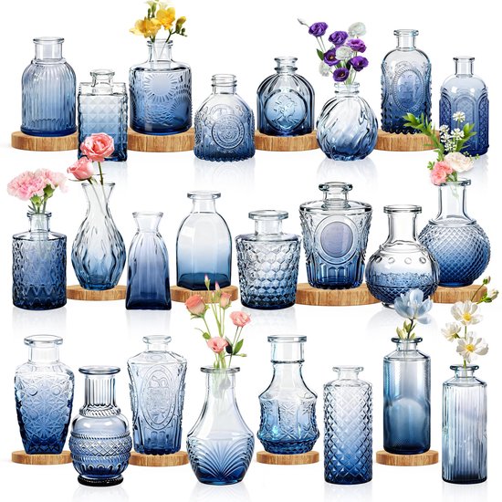 24 stuks Kleine Vaasjes Glazen Klein Mini Bloemenvaas Met Gesneden Versieringen Bloemstukken Vazen Vintage Tafeldecoratie Voor Thuis, Bruiloften, Verjaardagen, Feesten (Kleurverloop Blauw) NAIZY
