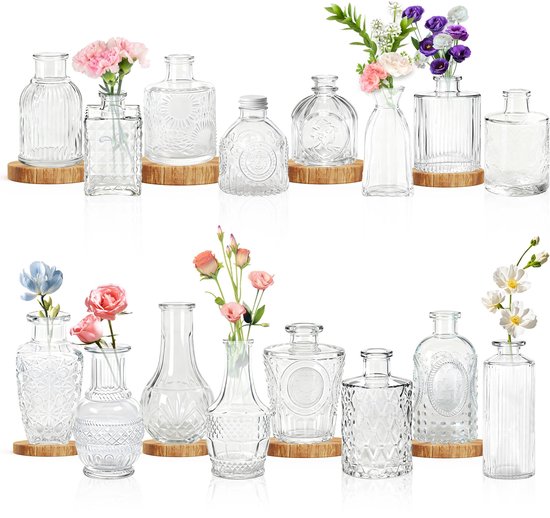 32 stuks Kleine Vaasjes Glazen Klein Mini Bloemenvaas Met Gesneden Versieringen Bloemstukken Vazen Vintage Tafeldecoratie Voor Thuis, Bruiloften, Verjaardagen, Feesten (Transparant) NAIZY