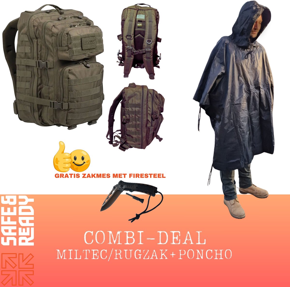 Combi-Deal - Mil-Tec - Backpack - Rugzak - 36 Liter - Olive - PLUS Mil-Tec Professionele Poncho - Incl. GRATIS Mil-Tec One-Hand Zakmes Paracord + Fire Starter - Outdoor - Kamperen
