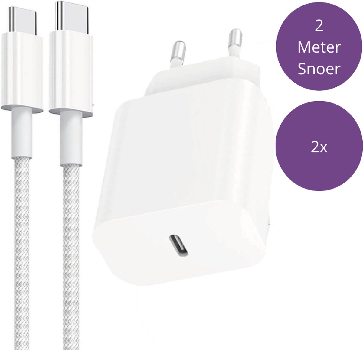 Viewr 2x USB C Adapter 25W - USB C Snellader - USB C Lader - Universeel o.a. Telefoons & Tablets - Inclusief USB-C Kabel Nylon Gevlochten 2 Meter - 2 Stuks