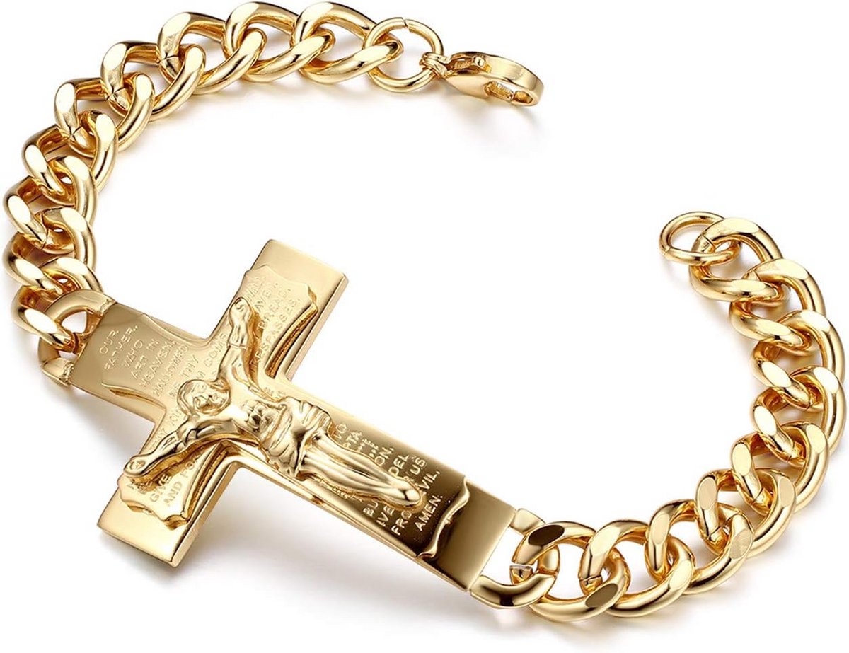 Heren Armband Rozenkrans Roestvrij Staal Schakelketting met Kruis Hanger Sieraden