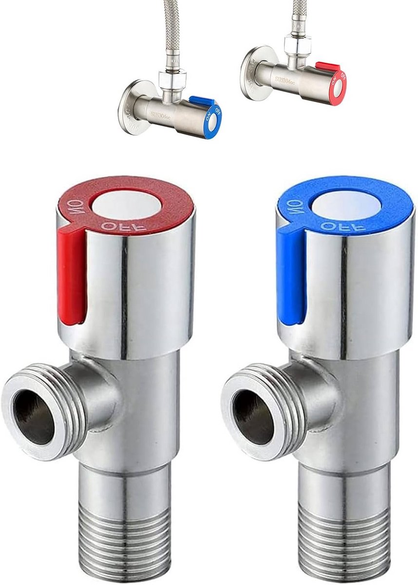 2x Zelfdichtend Hoekventiel RVS 1/2 Inch voor Warm en Koud Water Aansluiting