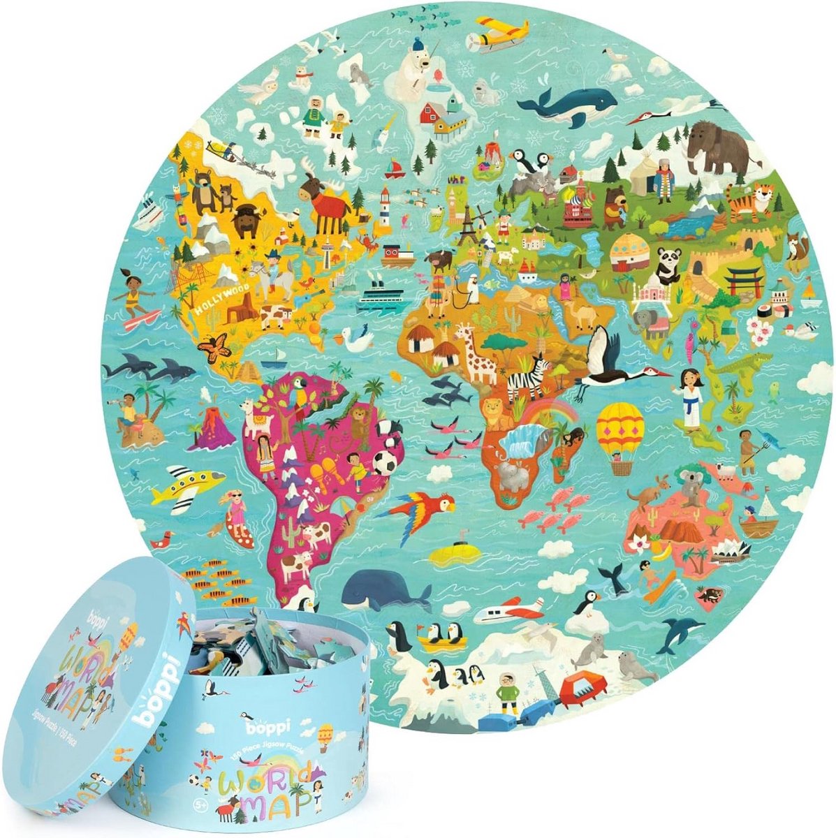 Ronde Legpuzzel Wereldkaart van Gerecycled Karton met Dieren - 150 Stukjes