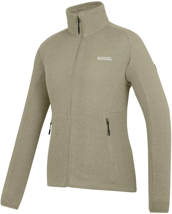Beige dames fleece jas met rits, opstaande kraag en logo.