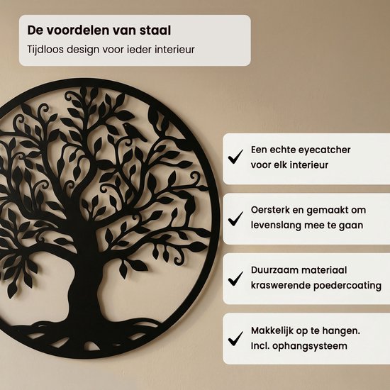 Lifestaal® - Décoration murale industrielle - Arbre de vie - Décoration de salon - Métal - 40x40cm - avec système de suspension - noir