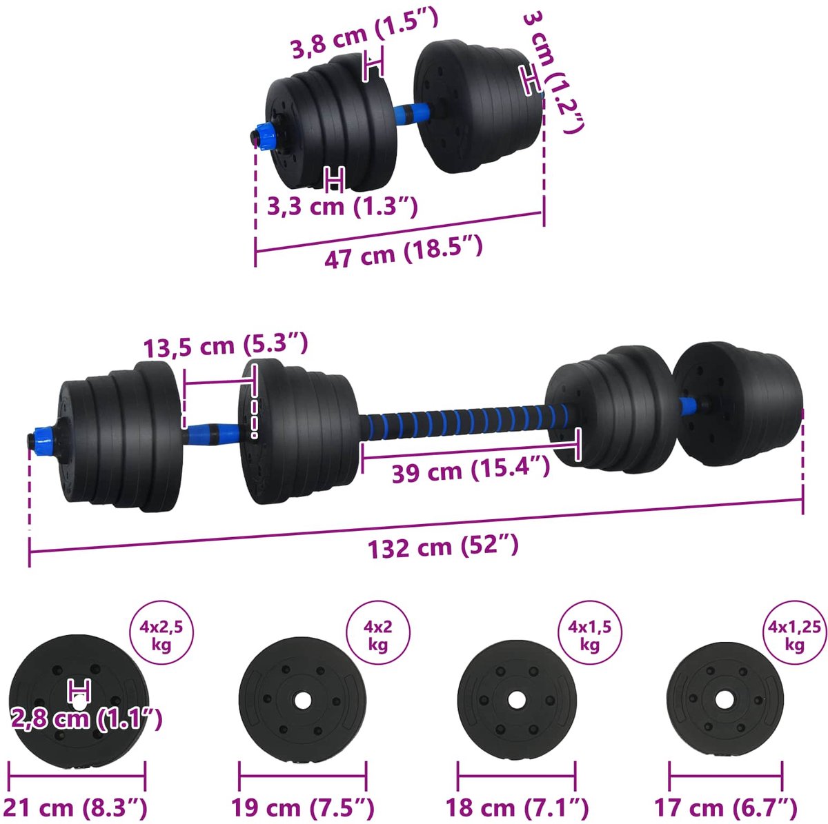 vidaXL - 2-in-1 - Dumbbell - Barbell - Set - 30 - kg - Zwart - en - Blauw – foto 2