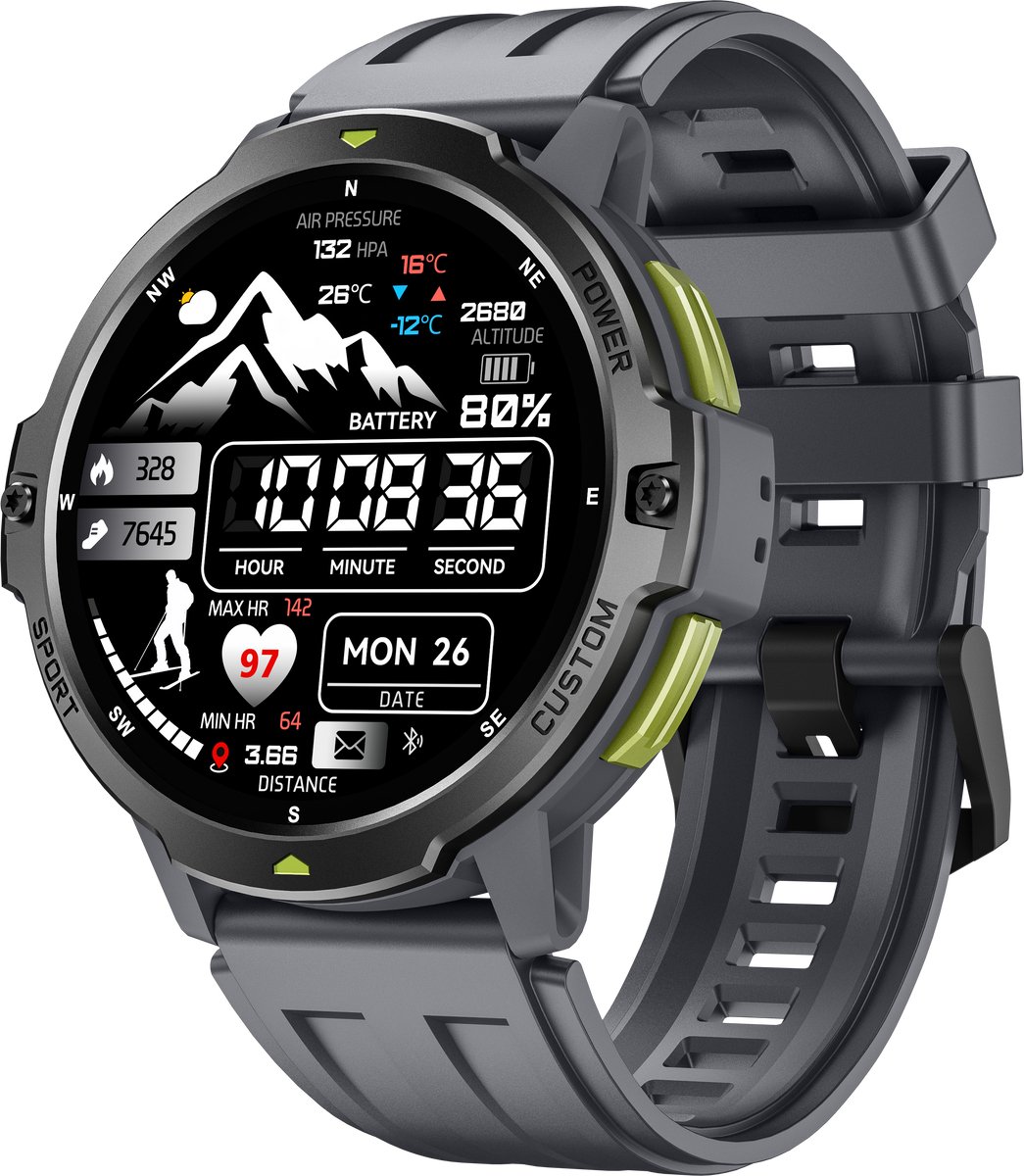 Knobbout 1.46“Scherm(4cm) Advanced GPS Sport Smartwatch – Sportcapaciteit & Traininganalyse - GNSS Satellietnavigatie - GOMORE Trainingsalgoritme - Lactaatdrempel Test - 30 m Waterdicht- 500mAh - Grijs