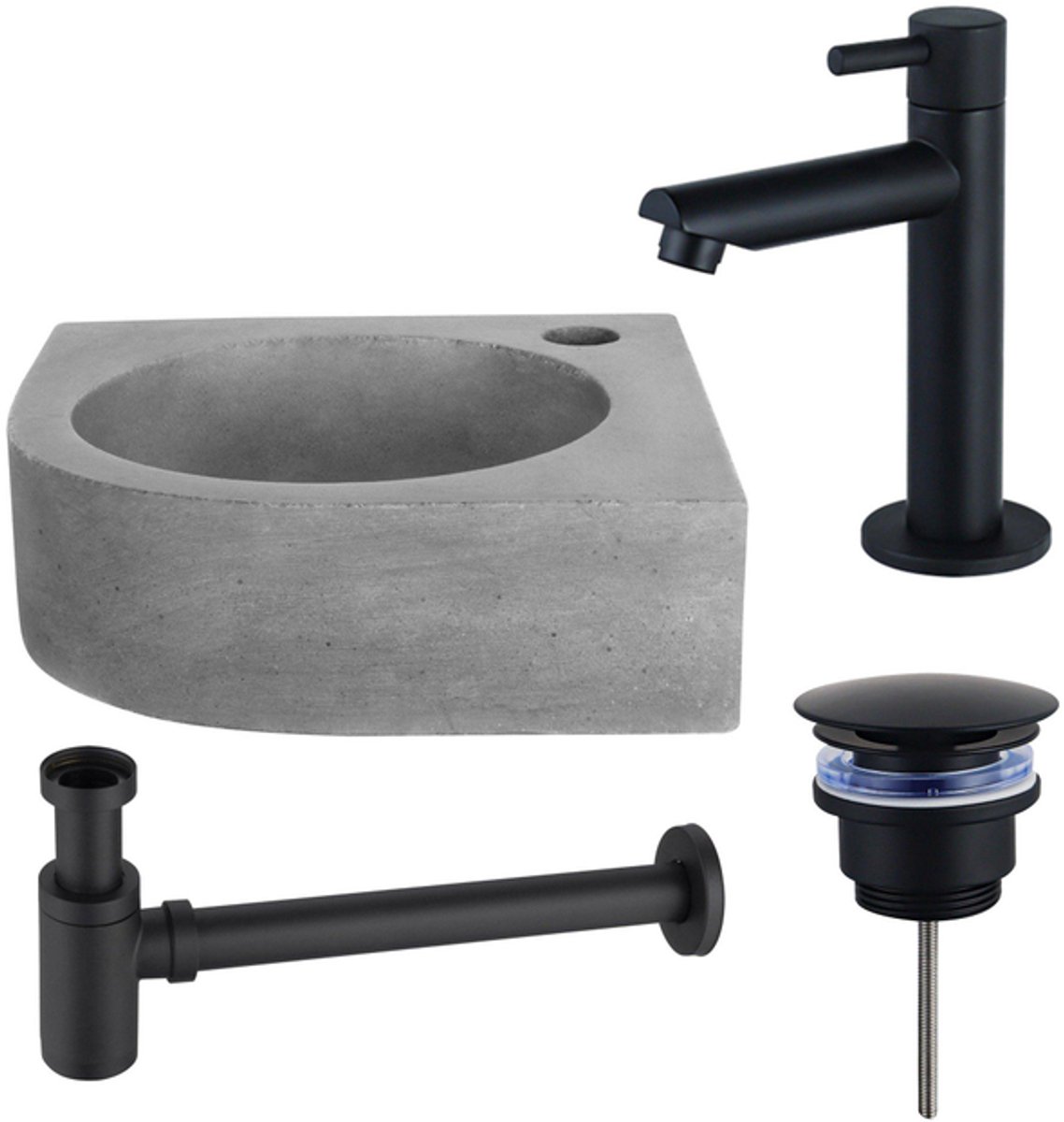 FugaFlow Eccelente Pietra fonteinset - 31.5x31.5x10cm - 1 kraangat - hoek - fonteinkraan zwart mat - beton