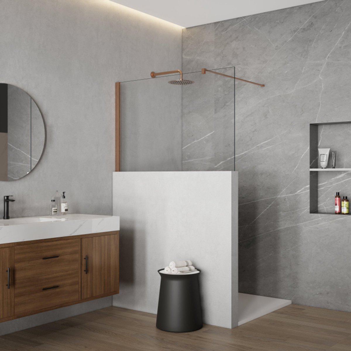 FugaFlow Eccelente Vetro Halfhoge Inloopdouche - 100x80cm - helder glas - 8mm - nano - met profiel en stabilisatiestang - Geborsteld koper PVD (Koper)