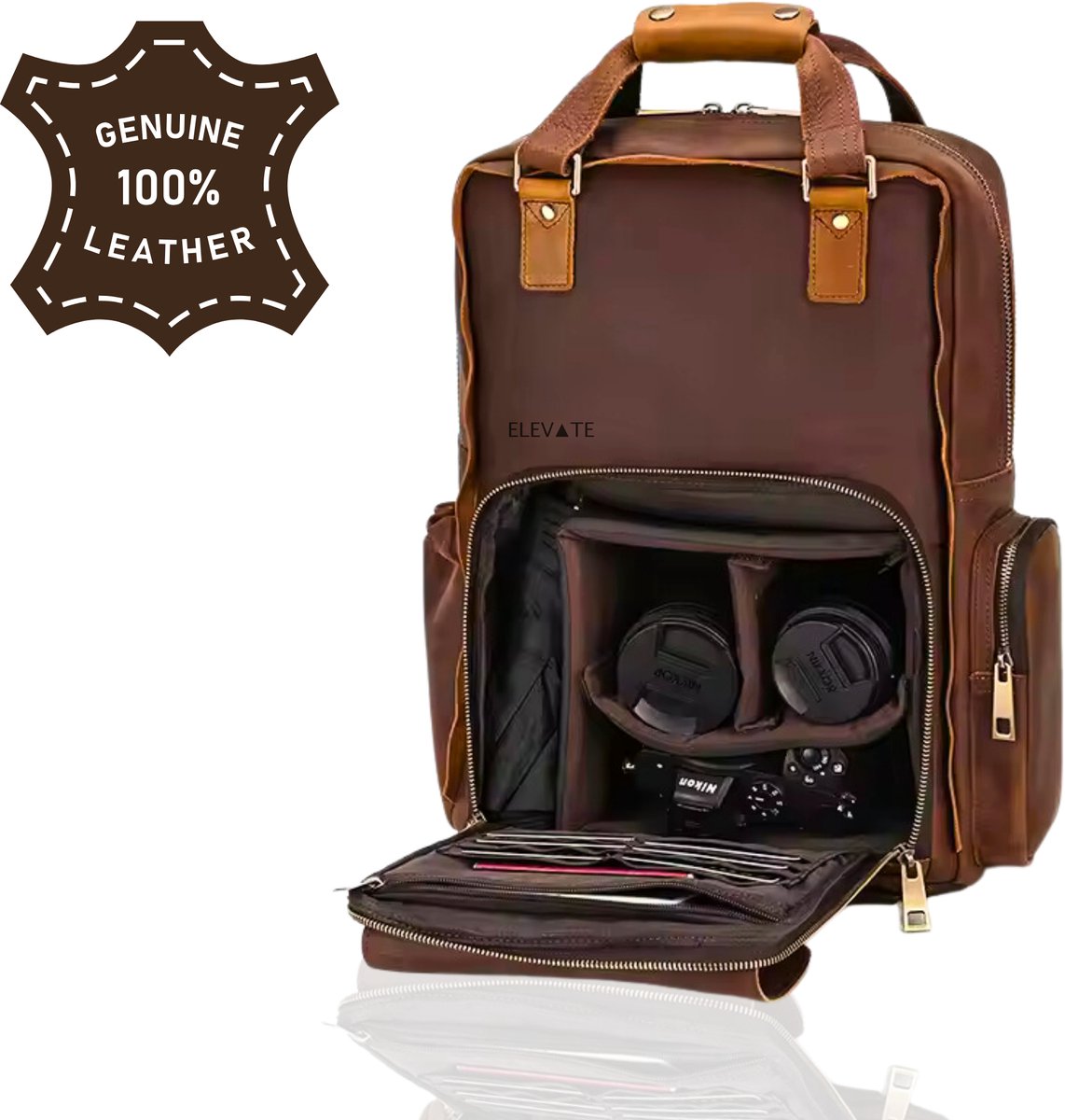 ELEVATE® Leren Camera Rugzak – 100% Echt Leer – Handgemaakt – DSLR / System Camera Backpack – Laptopvak 15.6” – Premium Fototas – Cognac