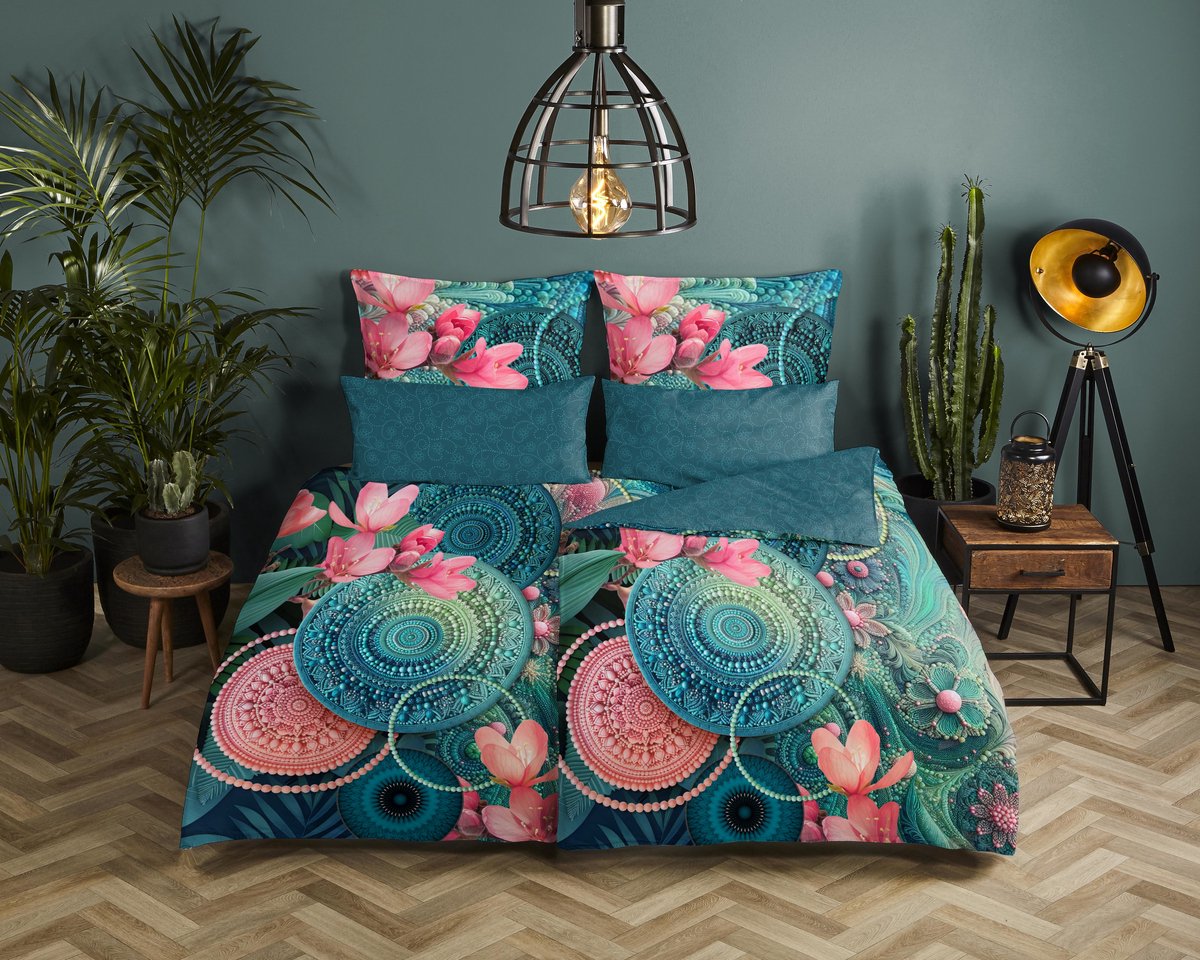 HIP kussensloop mandala�s en bloemen - 40x80 cm - Petrol - 100% Katoen satijn