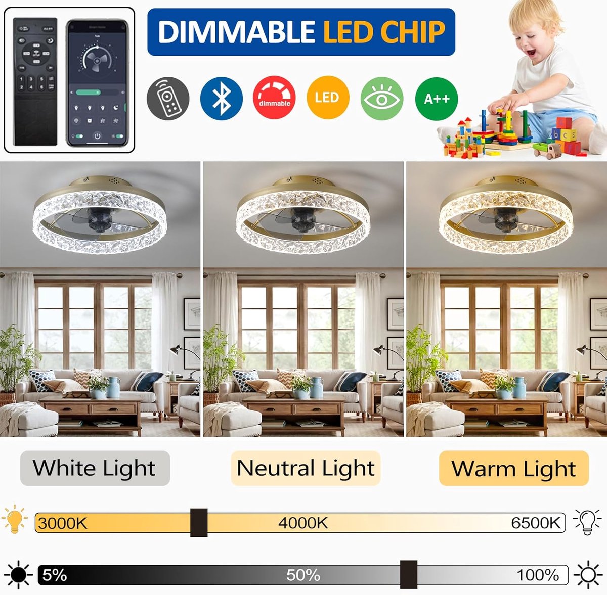 Moderne Plafondventilator met Verlichting en Afstandsbediening - Dimbaar en Met 6 Snelheden – foto 4