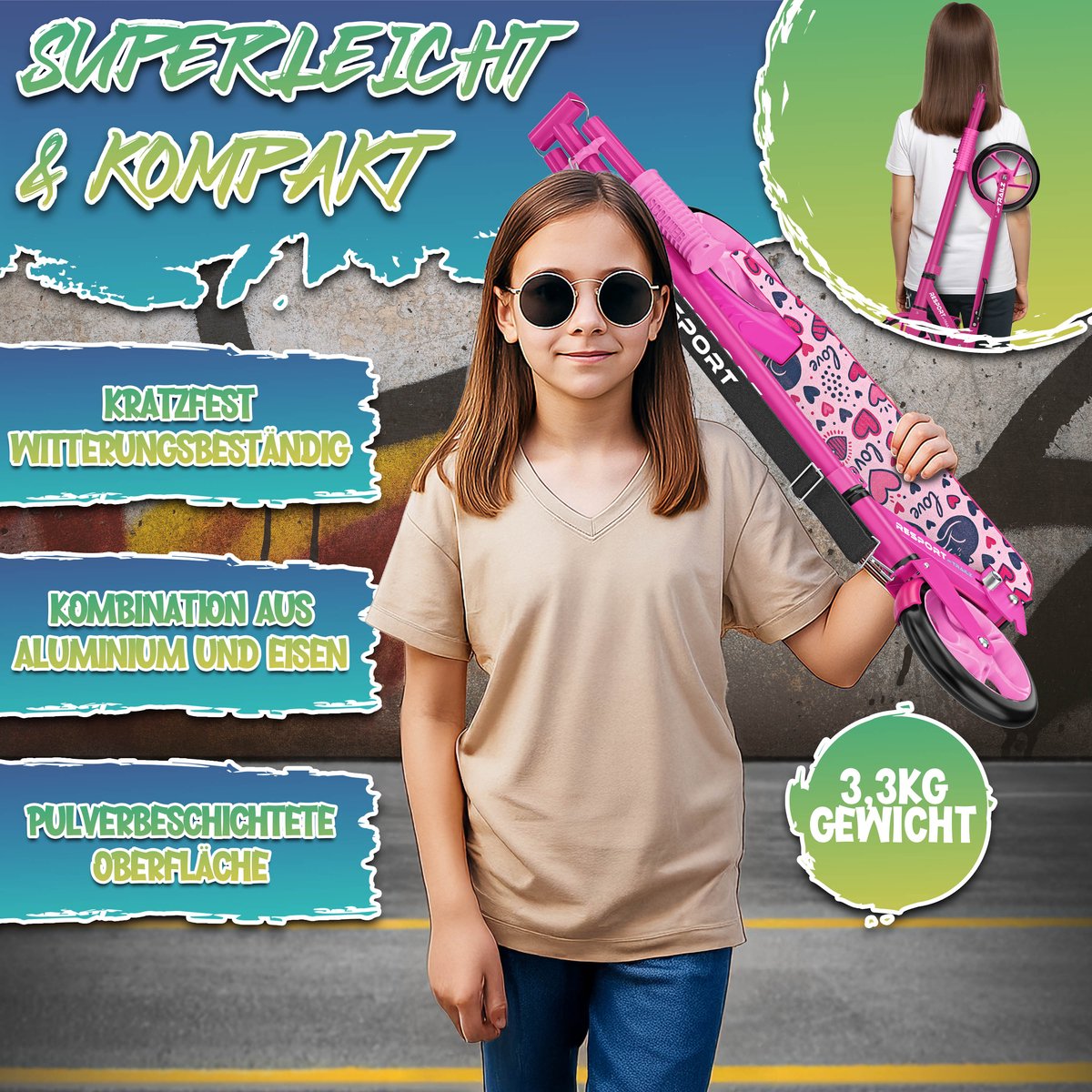 RE:SPORT Citystep voor Kinderen & Volwassenen - Kinderstep - Step met Grote Wielen 200mm - Inklapbaar & Verstelbaar - Tot 100kg - Inclusief Bel & Draagriem - Kickscooter