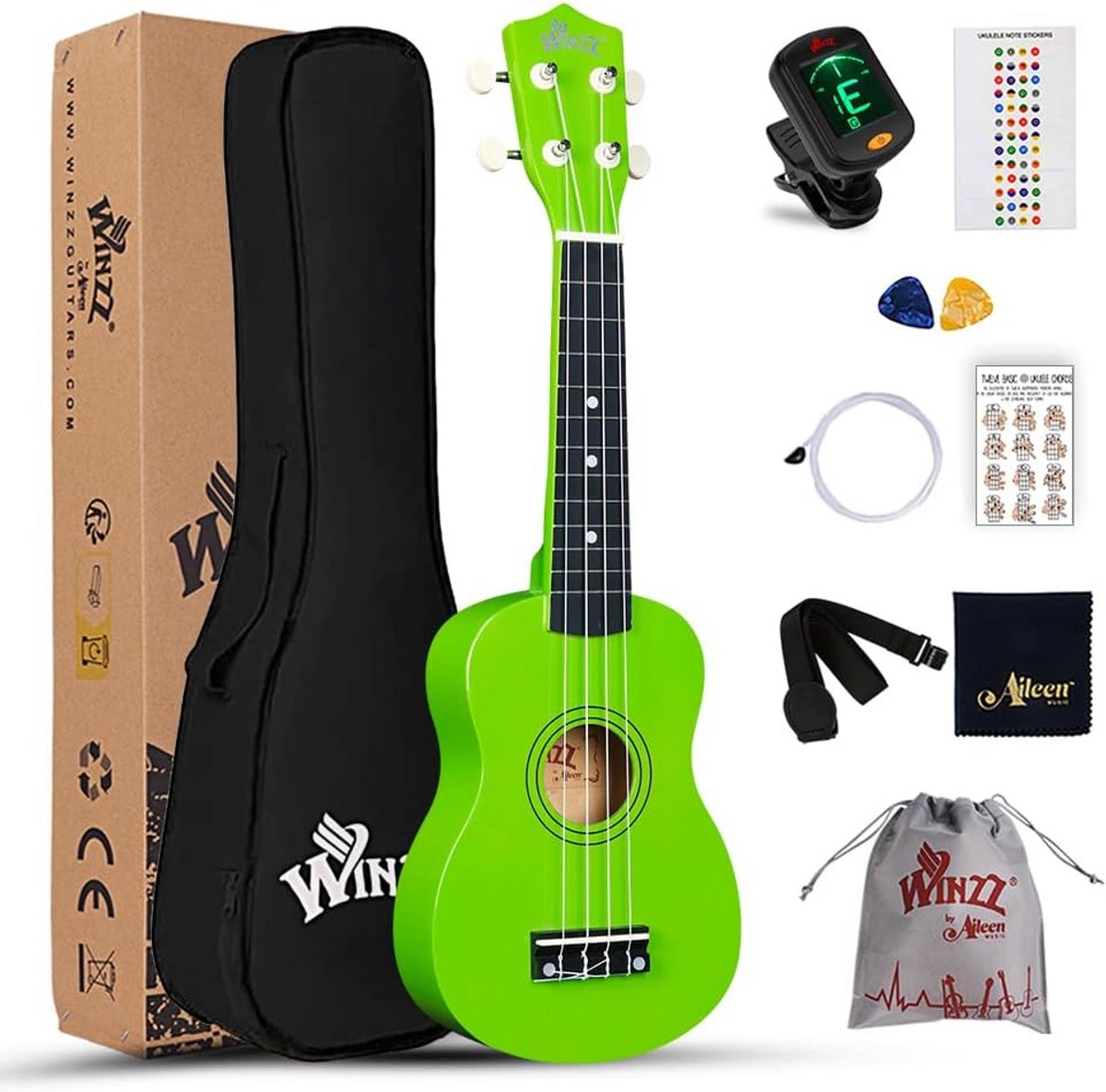 Sopraan-ukelele beginnersset met tas, stemmer, snaren, riem en accessoires - Lichtgroen
