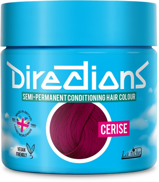 Pot Directions Cerise semi-permanente haarverf met vegan logo en een staal van de kleur.