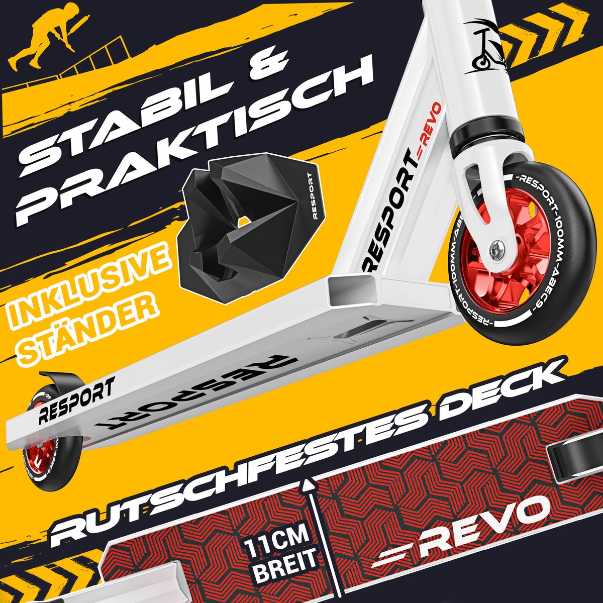 RE:SPORT Stuntstep REVO - Stuntstep voor Kinderen & Volwassenen - ABEC-9 - 100mm PU Wielen - Met Standaard - Y-Bar - Trick Scooter