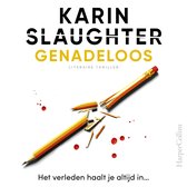 Boekomslag van 'Genadeloos' met een gebroken gele potlood en rode spetters. "Het verleden haalt je altijd in..."
