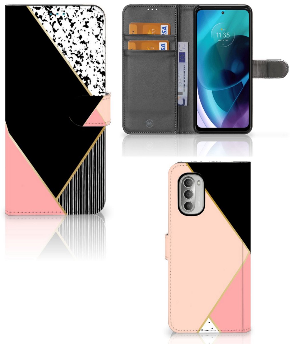 Motorola Moto G51 5G Book Case Zwart Roze Vormen