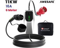 Awesafe Laadkabels - EV Lader 11kW 16A Type 2 met 6m Kabel - 3 Fase - Type 2 Laadpaal - 6A/8A/10A/13A/16A Schakelbaar - Met handtas