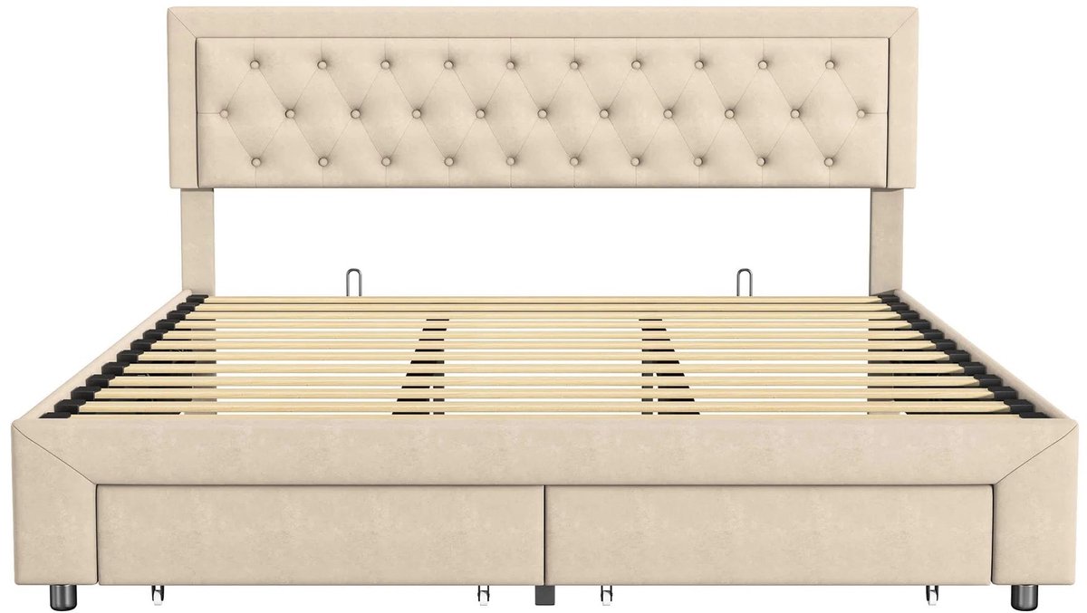 Gestoffeerd Opbergbed – Opbergbed Met Laden – Bed Met Opbergruimte – Tweepersoonsbed – Slaapbank – Grijs 160x200 cm – Zachte Velvet Bekleding – Royale Opberglades Met Rollers