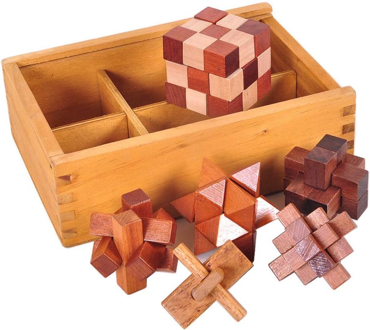 6-delige set 3D houten hersenkrabber puzzels in kist - klassieke puzzelspellen voor kinderen en volwassenen