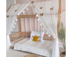 Huisbed Hemelbed voor Kinderkamer - Baldakijn met 5 Gouden Vlinders, Wijt/Ecru, 340/380 cm