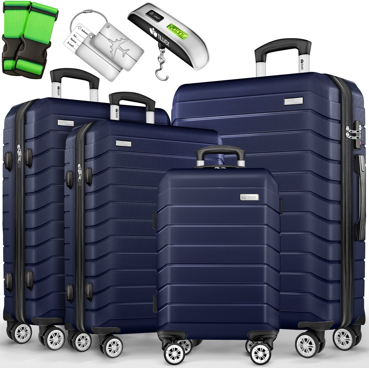 tillvex® reiskofferset 4-delig + bagageweegschaal, 8X kofferriemen & 4X kofferhangers | kofferset 4 wielen | trolley bagage koffer TSA-slot | set koffer met harde schaal S-M-L-XL, legergroen