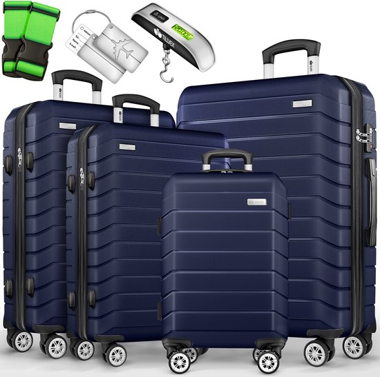 tillvex® reiskofferset 4-delig + bagageweegschaal, 8X kofferriemen & 4X kofferhangers | kofferset 4 wielen | trolley bagage koffer TSA-slot | set koffer met harde schaal S-M-L-XL, legergroen