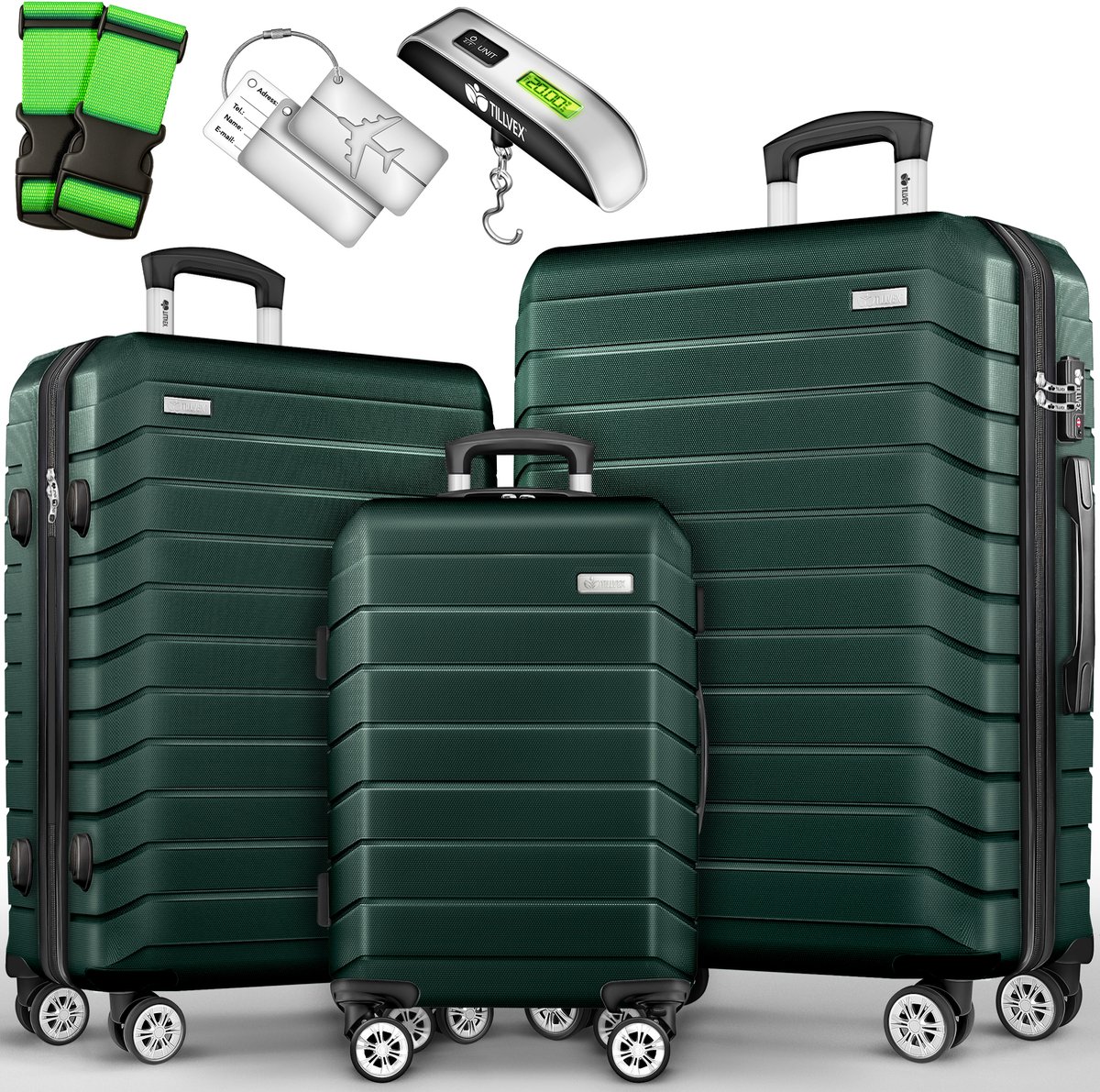 tillvex® reiskofferset 3-delig + bagageweegschaal, 6X kofferriemen & 3X kofferhangers | kofferset 4 wielen | trolley bagage koffer TSA slot | set koffer met harde schaal M-L-XL, lila, Kofferset 3tlg