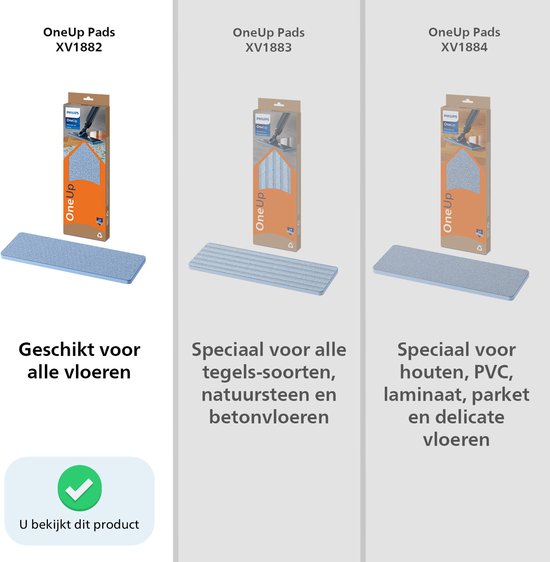 Vergelijking van drie Philips OneUp dweildoeken: algemeen, tegels/steen en hout/vinyl.