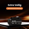 Zwarte VOLTIÈRE 18V 5.0AH Lithium Ion accu met de tekst "Extra Veilig".