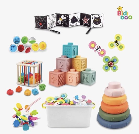 Bidiboo 8 in 1 Montessori Babyspeelgoed Set – Educatief Sensorisch Speelgoed – Baby Speelgoed 6 Maanden – Inclusief Opbergbox – Stapelringen, Voelblokken, Fidget Spinner & Activiteitenspeelgoed