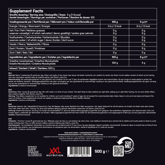 XXL Nutrition - Creatine Monohydraat - 100% Pure Creatine Monohydraat - Smaakloos - 500 Gram (100 doseringen)