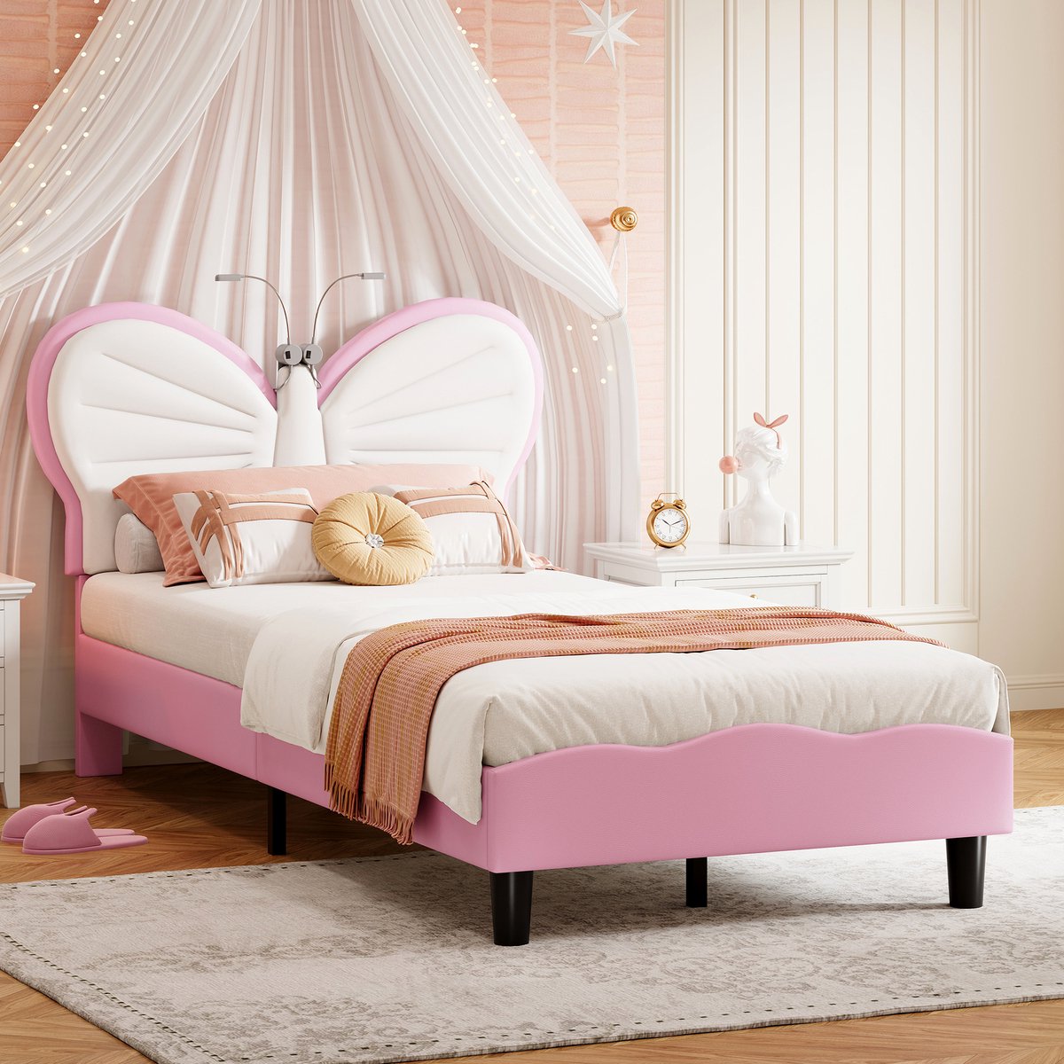 Kinderbed 90x190 cm Meisjesbed Vlinder Design – Roze/Wit Fluwelen Bed met LED Leeslampen –