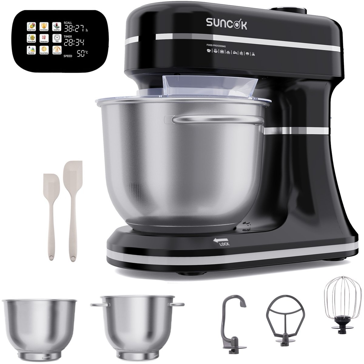 SUNCOK Keukenmixer, Keukenmachine, Slim aanraakpaneel, met 2 roestvrijstalen mengkommen: 4,5 l en 5,5 l. Krachtige motor van 1500 W, geluidsniveau 59 dB. Blender, geschikt voor bakken en deeg kneden.