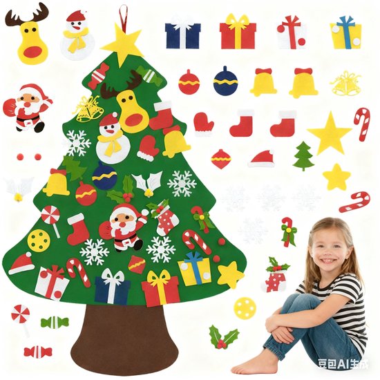 Sapin de Noël en feutre vert (70cm) avec 36 ornements de Noël détachables et une fille souriante.