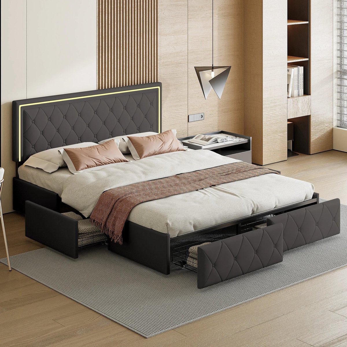 Bed – Bedframe – Ledikant – Slaapbank – Opbergbed – Grijs 160x200 cm – Met 4 Opberglades – Stevig Metalen Frame