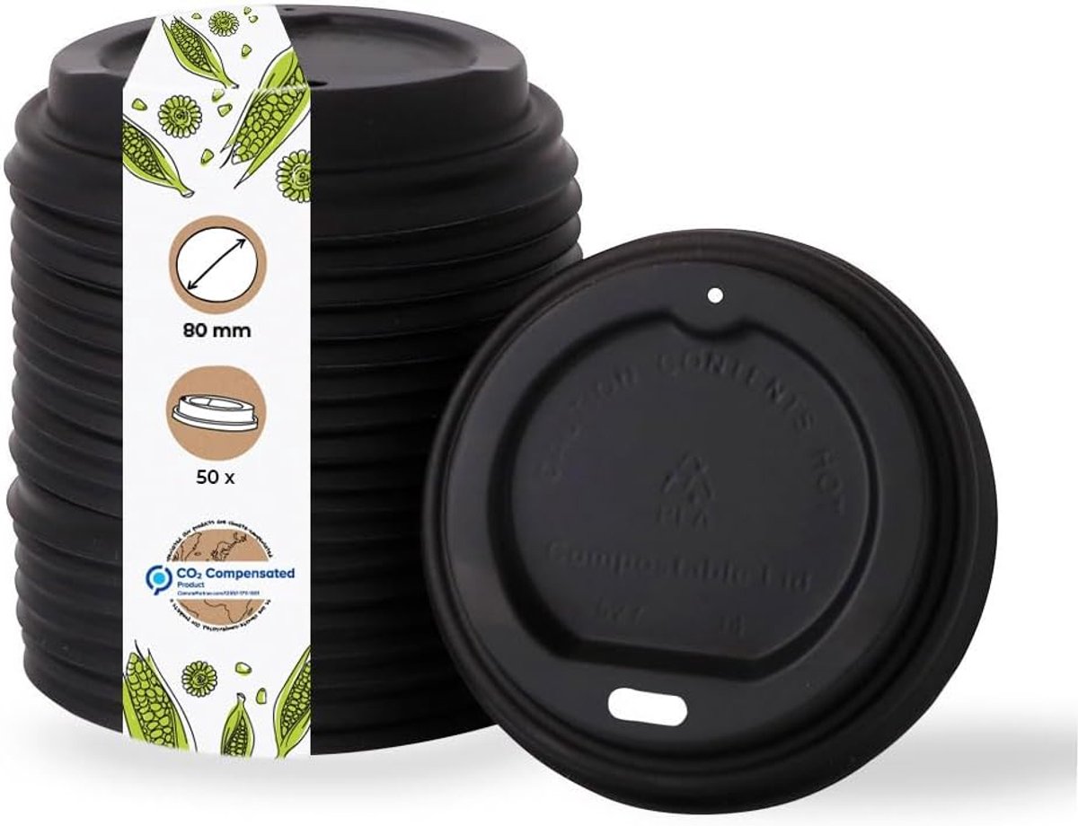 50 Biodegradable & Composteerbare Deksel voor Koffiebekers To Go - Zwart, Ø 80 mm