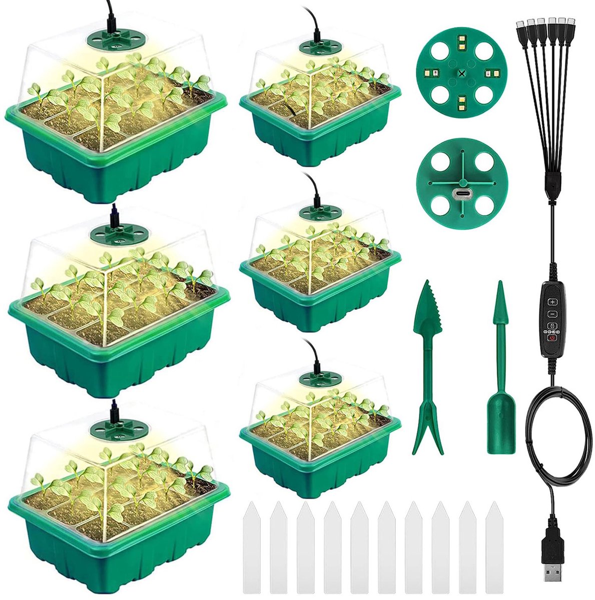 MUPOO Kweekbak met Groeilamp & Timer voor Binnen - Timer & Dimbaar -Hoog Deksel -Kweekset met Deksel (0.8mm) -Voor Moestuin, Kruiden & Binnenkweken -6 pack