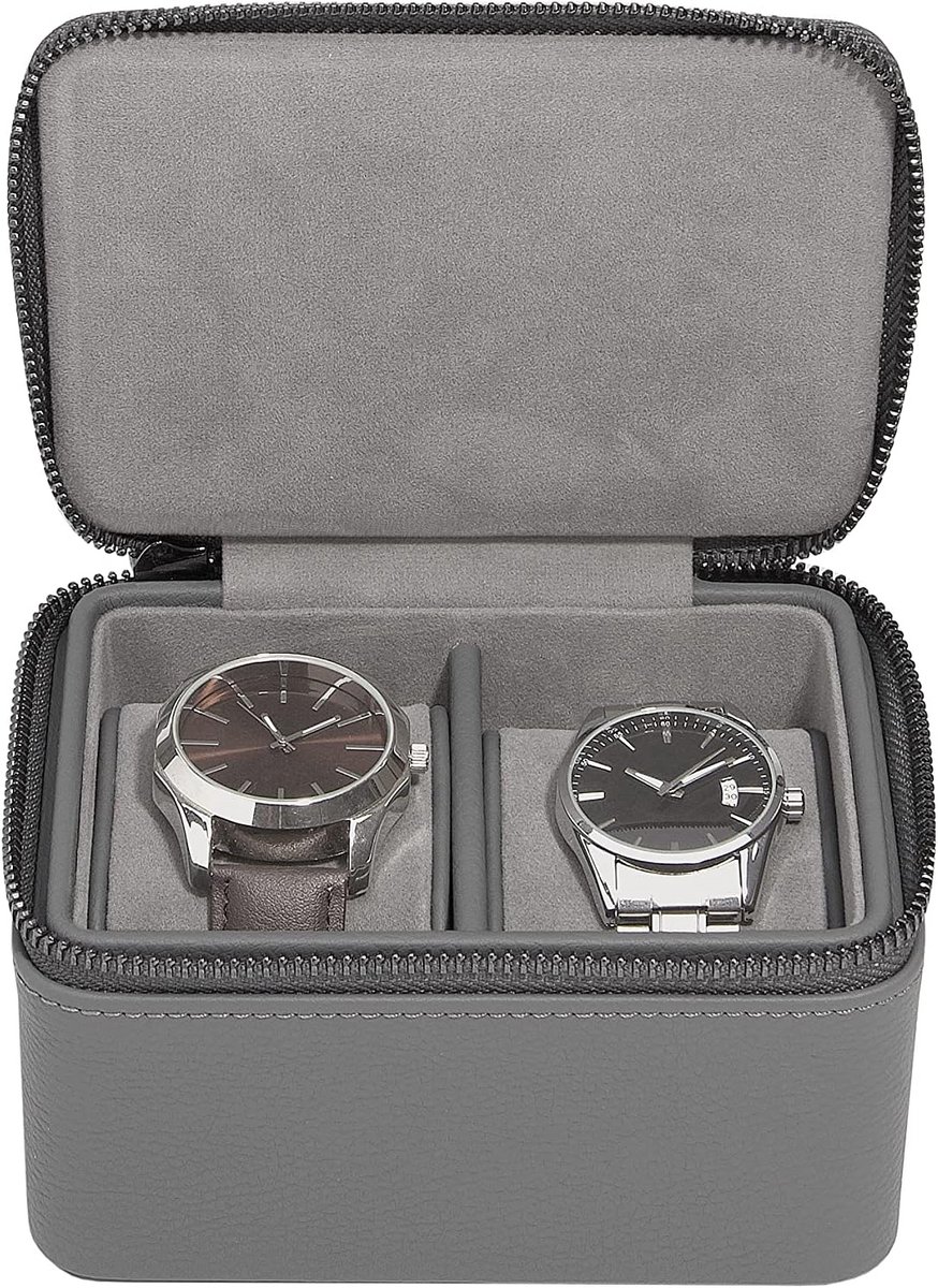 Grijze horlogedoos met dubbele rits in leisteen look
