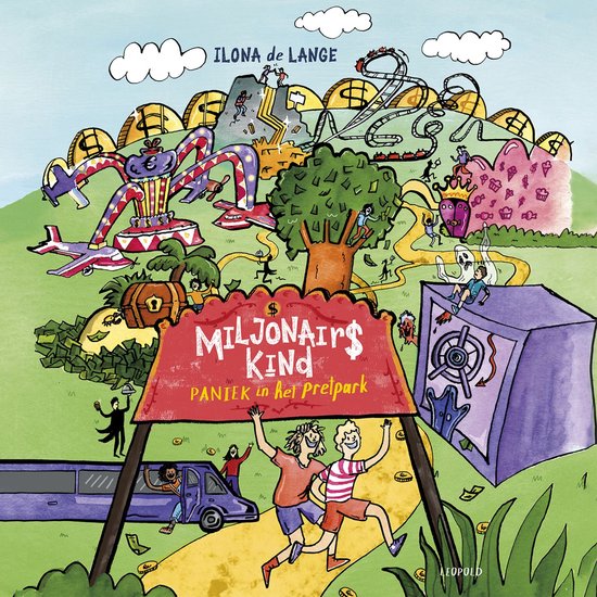 Boekomslag: Miljonairs Kind - Paniek in het Pretpark, door Ilona de Lange. Een kleurrijk pretpark met attracties en kinderen.