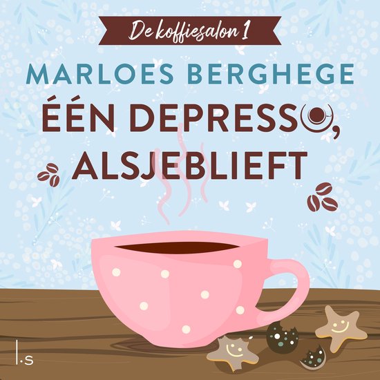 Roze kop met stippen, gevuld met koffie en koekjes ernaast. Tekst: De koffiesalon 1, Marloes Berghege, Één depresso, alsjeblieft.