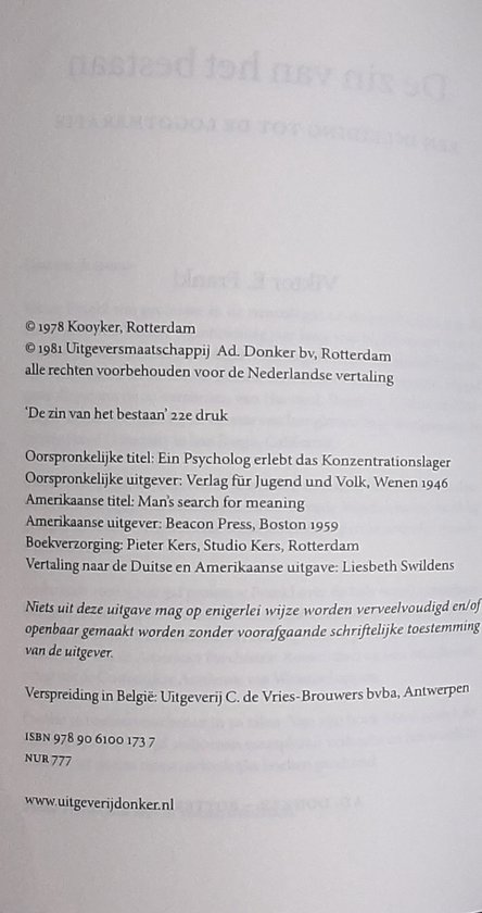 Colofon van 'De zin van het bestaan', 22e druk. ISBN 978 90 6100 173 7.