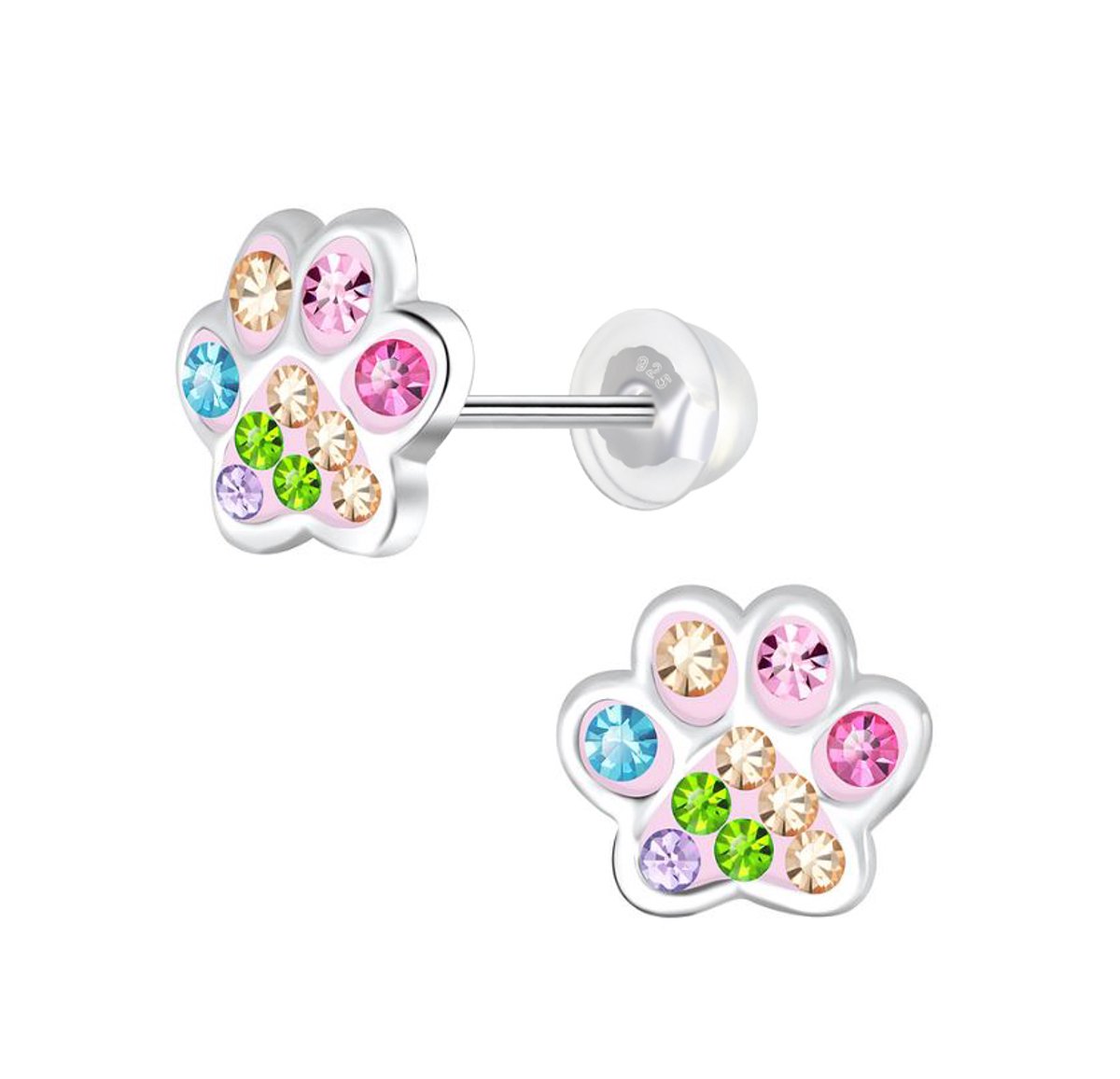WeLoveSilver - K3 oorstekers - zilver - roze dierenpoot - 8mm