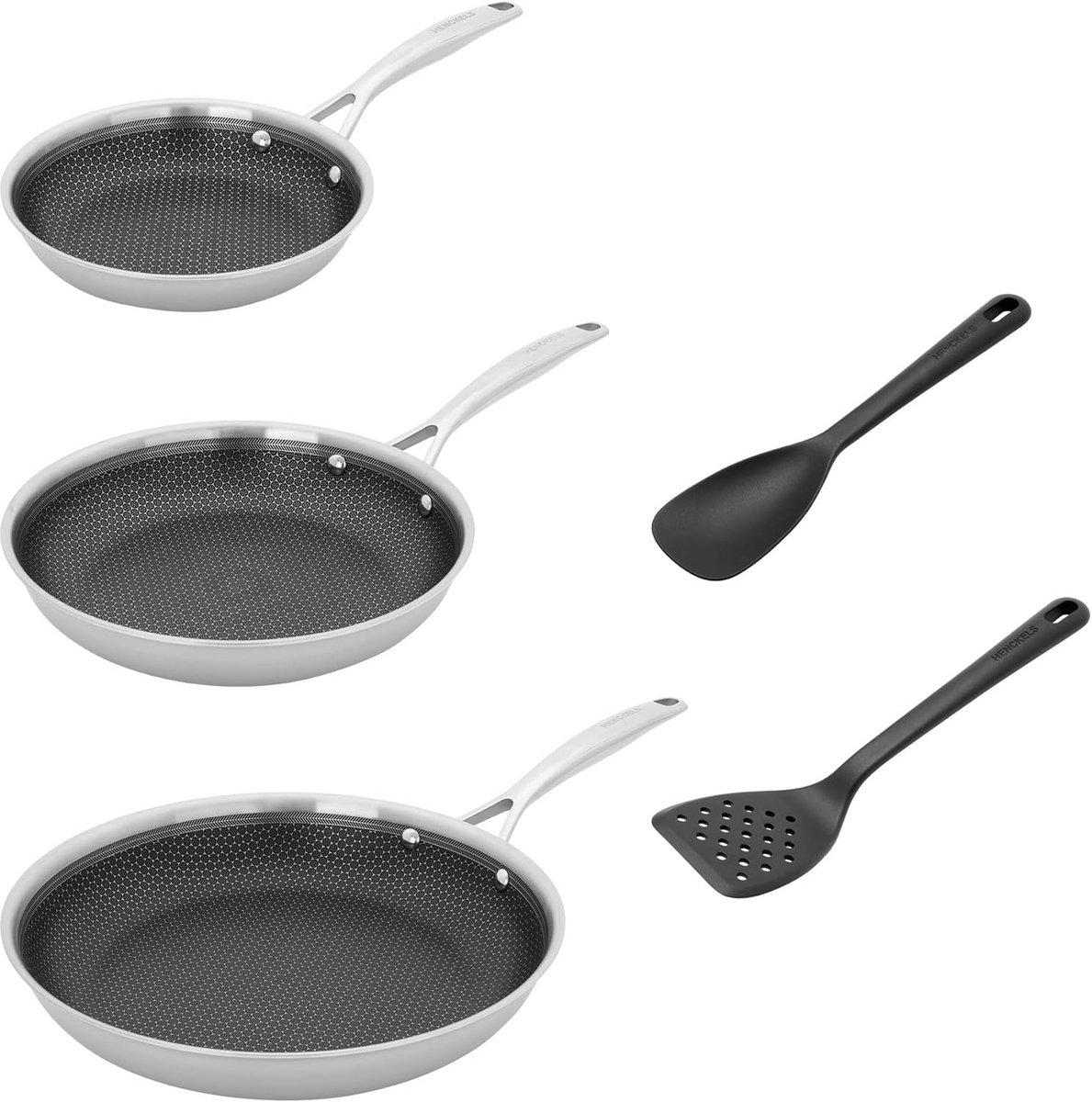 5-Delige Koekenpannenset met Silicone Keukenhulpmiddelen, Antiaanbak, 3-Laags RVS