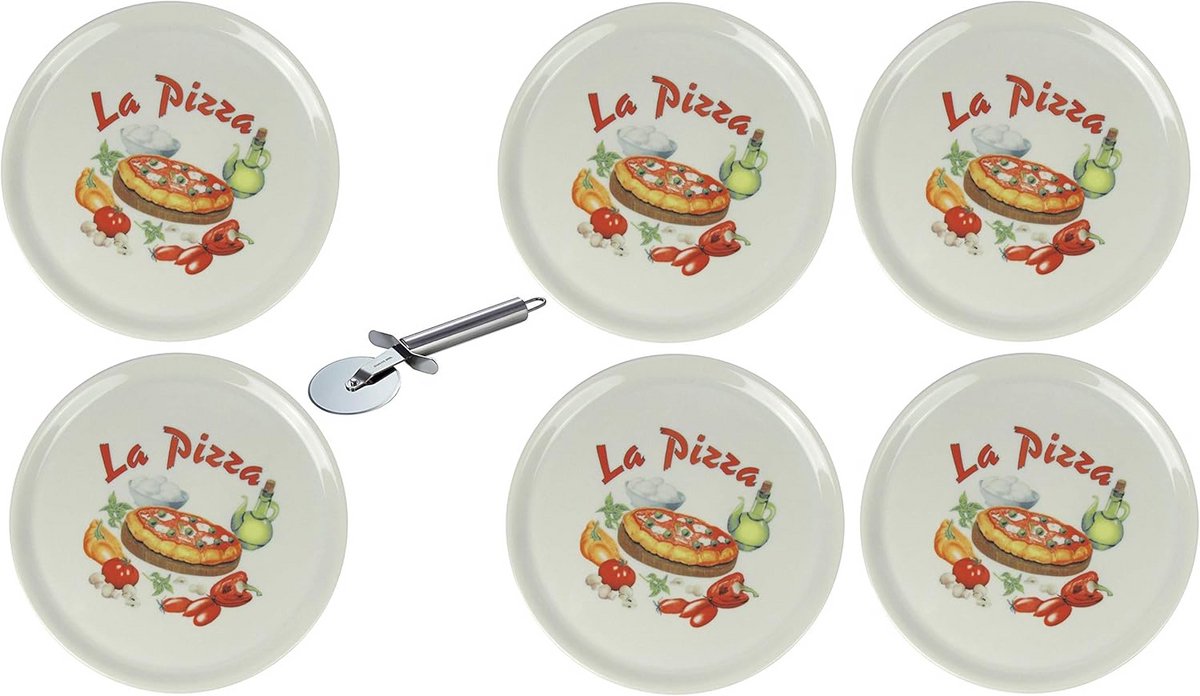 XXL Pizzabord - Porselein Pizza Set met Pizzasnijder - 6 Stuks Ø31cm
