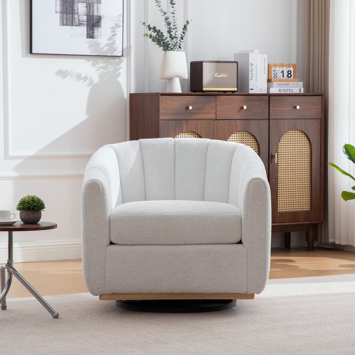 Moderne chenille gepolsterte Hocker mit Metallfuß, 360° draaifunctie, gepolsterter Fass-Sessel met kwastjes versiering, pompoenvormige clubfauteuil voor woonkamer, familiekamer, slaapkamer, lounge, ivory