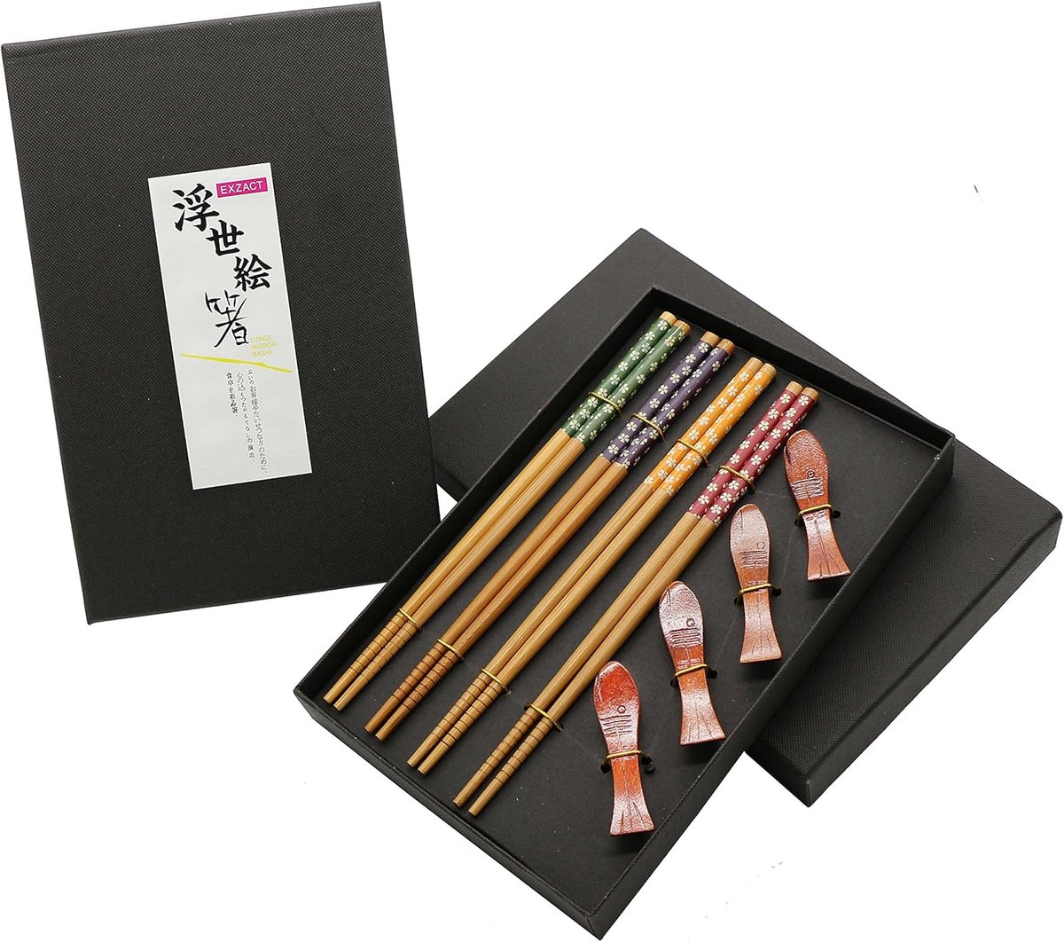 Herbruikbare Bamboe Eetstokjes Giftset - 4 Paren met Steun in Handgemaakte Zwarte Doos